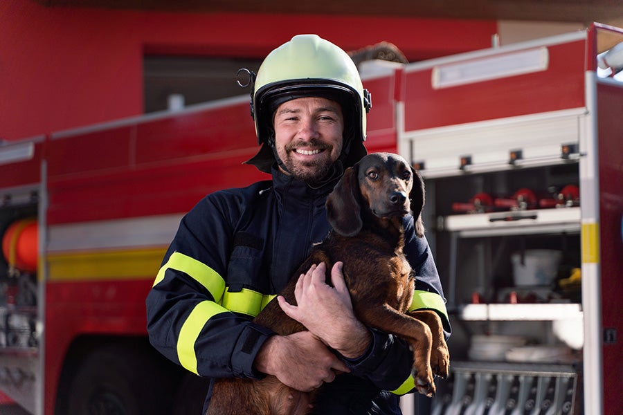 Firefighter holding a dog